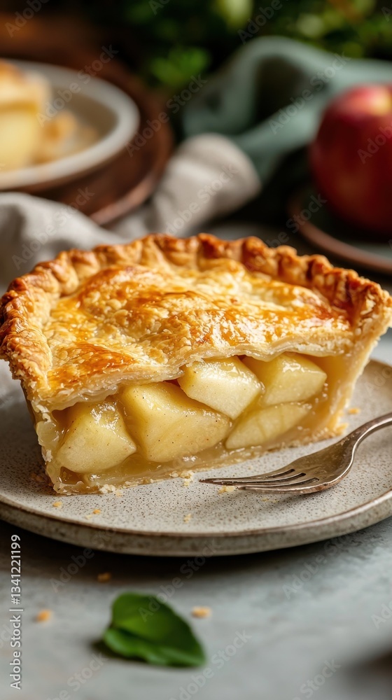 A delectable slice of apple pie on a plate, showcasing golden crust and juicy apple filling, with a fresh apple in the background. A delectable slice of apple pie on a plate, showcasing golden crust and juicy apple filling, with a fresh apple in the background.
