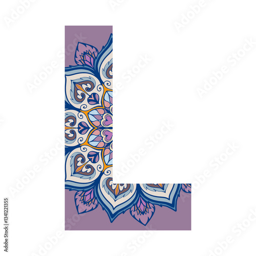 Letter l with mandala elements, png letter with decorative typography art transparent background