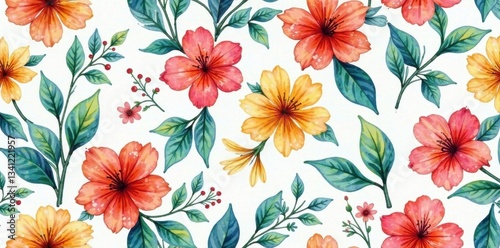 Wallpaper Mural Hand-painted watercolor floral seamless repeat Colorful flowers, lush leaves , nature, flowers Torontodigital.ca