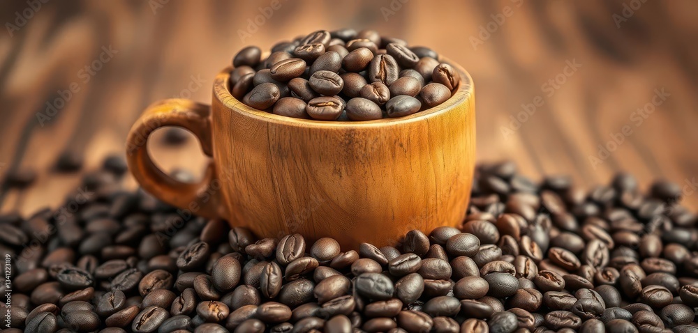 Fototapeta premium Rustic wooden cup overflowing with dark roasted coffee beans, coffee, texture