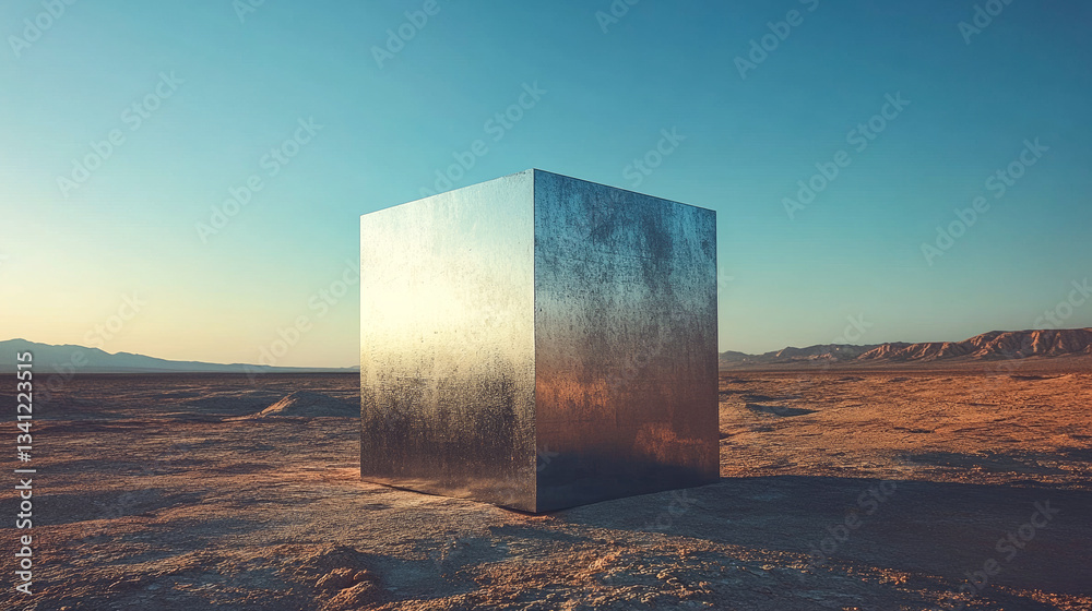 Reflective cube stands solitary in vast desert landscape at sunset highlighting natures beauty