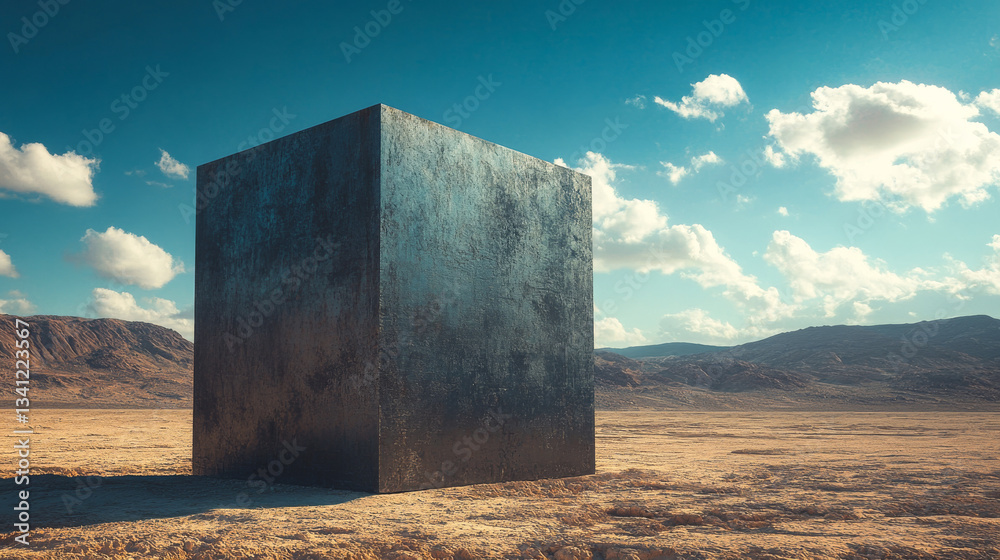Monolith stands alone in an expansive desert landscape under a bright sky
