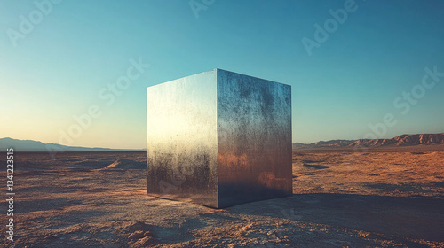 Obraz na płótnie Reflective cube stands solitary in vast desert landscape at sunset highlighting natures beauty w salonie