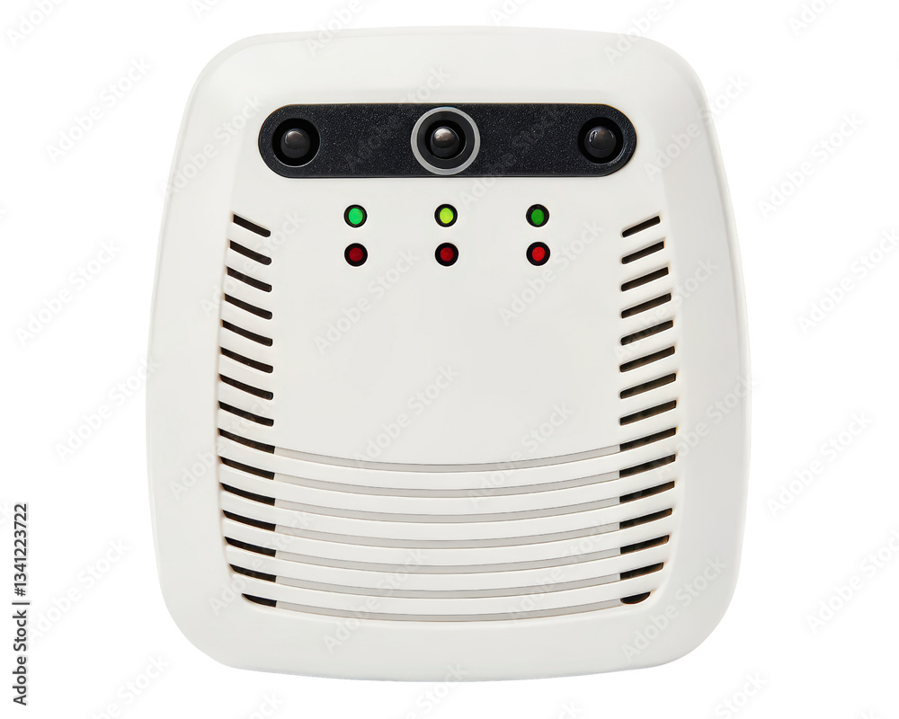 Compact air quality monitor with LED indicators on a transparent background Compact air quality monitor with LED indicators on a transparent background