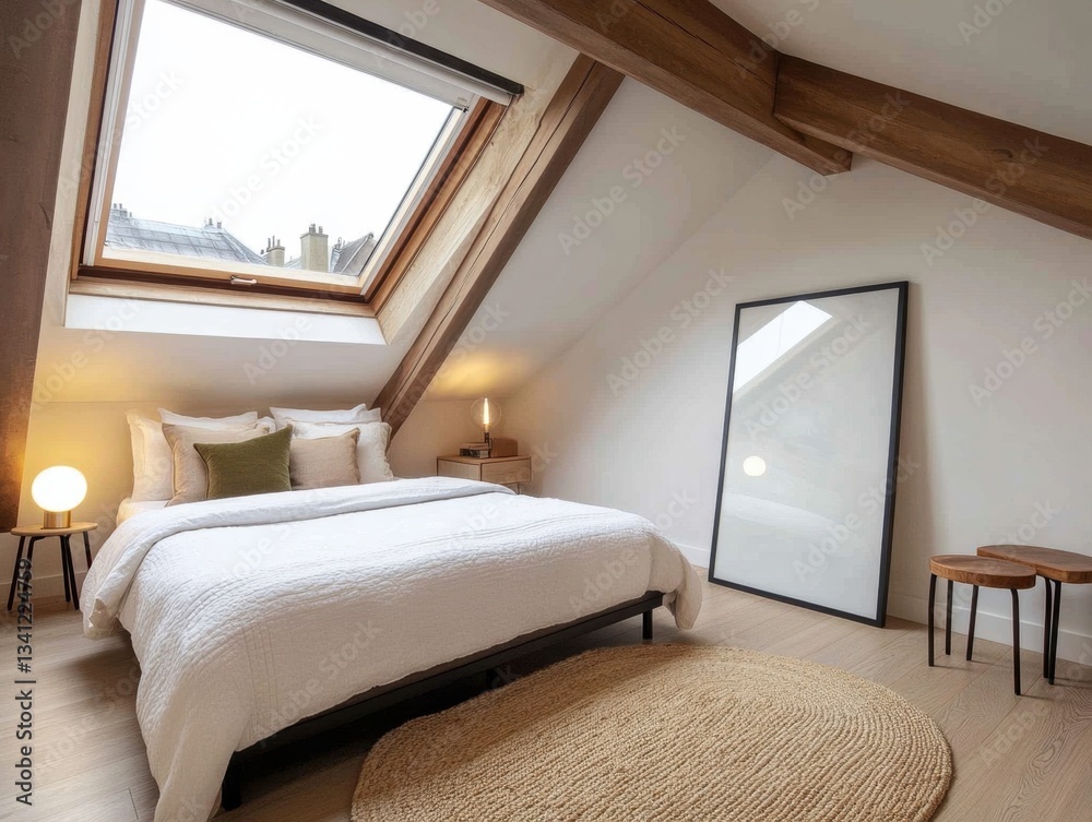 Fototapeta premium A large bed with a white comforter and pillows. A mirror is on the wall