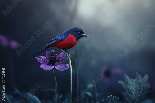 A small red and black bird perched on the stem of a purple flower