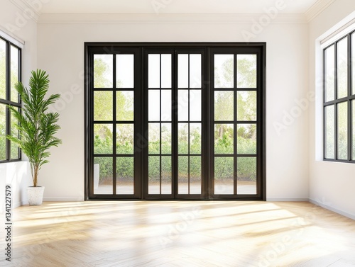 A large window with a plant in a white vase. The window is open and the room is empty