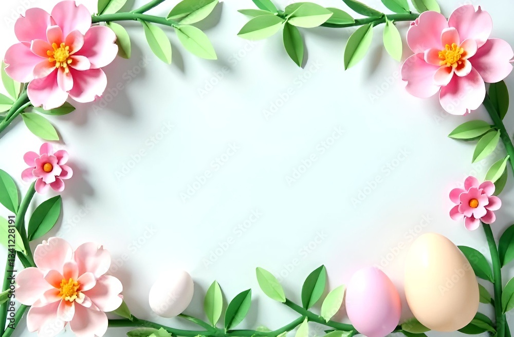 Fototapeta premium Festive paper frame flowers composirion with pastel eggs on minimal white backround, place for text. spring, womens day, Easter concept