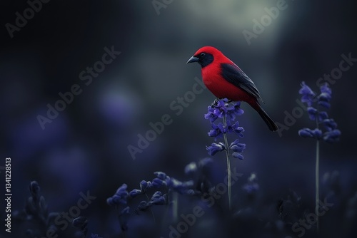 A small red and black bird perched on the stem of a purple flower