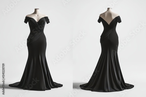 Front and back views of an elegant black off-shoulder maxi dress mockup, formal evening gown display for fashion design and apparel branding