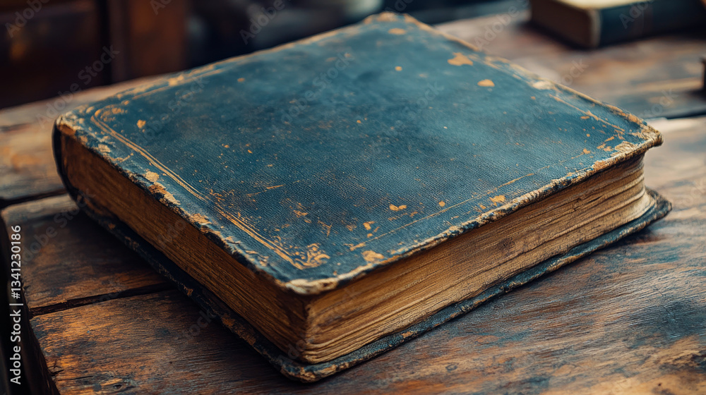 Old leather bound book resting on a wooden surface in a cozy library setting