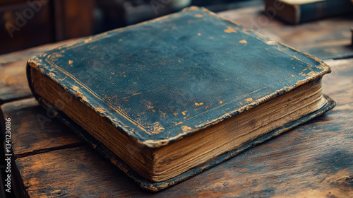 Obraz na płótnie Old leather bound book resting on a wooden surface in a cozy library setting w salonie