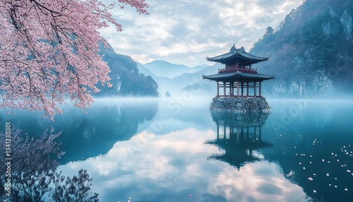 Enjoying sakura petals falling japan scenic view springtime tranquil lake high-fidelity photography