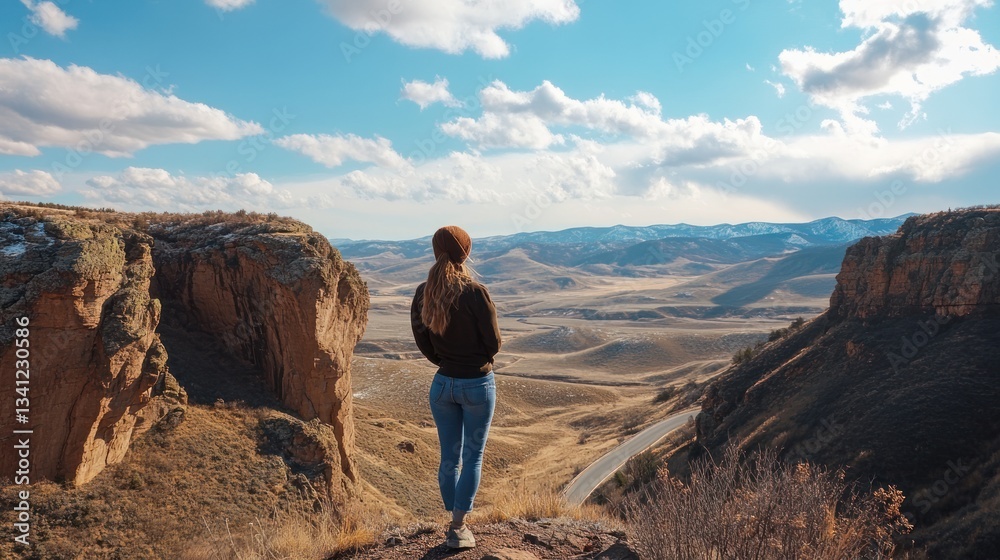 Fototapeta premium Woman Contemplating Expansive Vista of Rugged Mountainous Terrain Underneath Sky