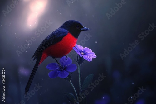 A small red and black bird perched on the stem of a purple flower