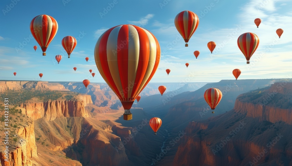 Fototapeta premium Vibrant hot air balloons soaring over majestic canyon landscapes with copy space