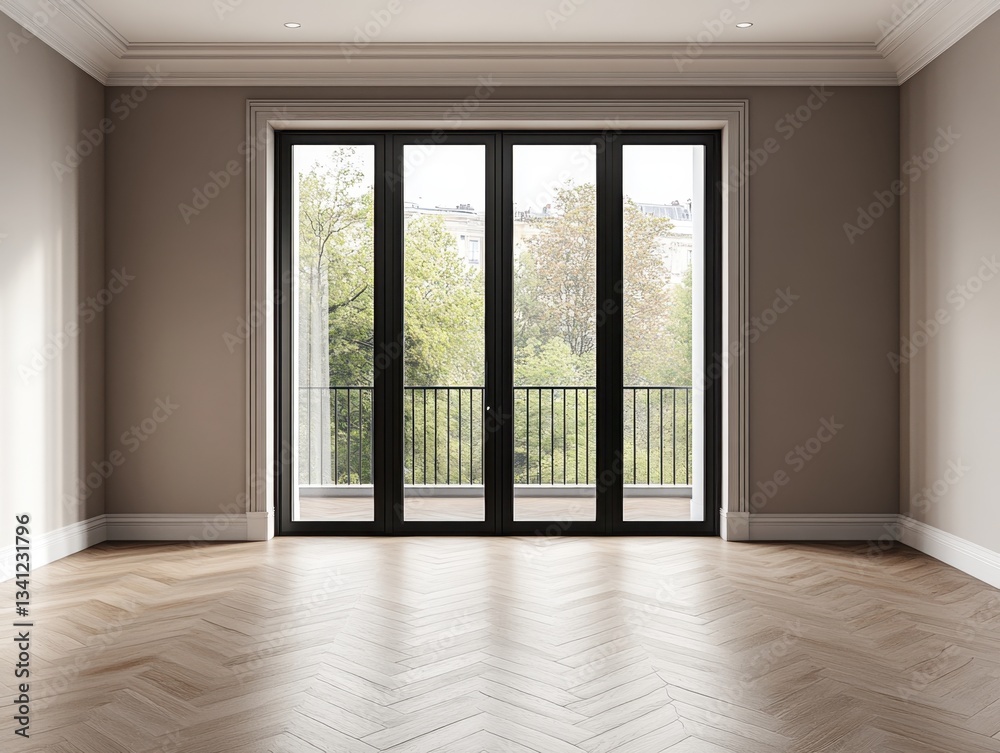 A large open room with a black door and a large window. The room is empty and has a wood floor
