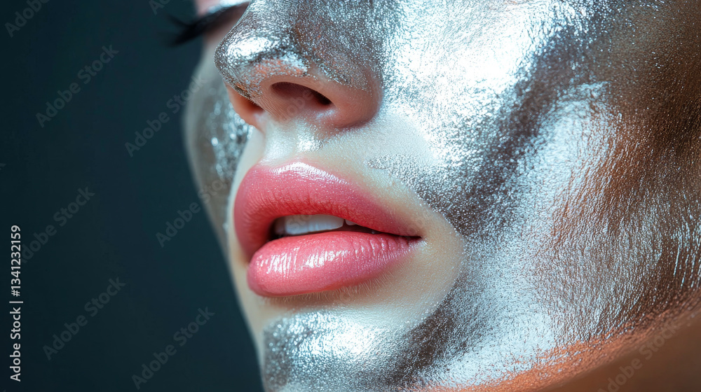 Elegant close up of a models lips and shiny silver face paint at an art event