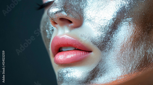 Obraz na płótnie Elegant close up of a models lips and shiny silver face paint at an art event w salonie