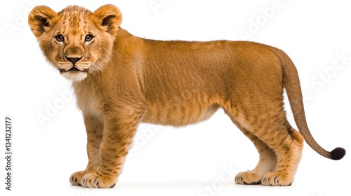 Adorable lion cub standing on white background.