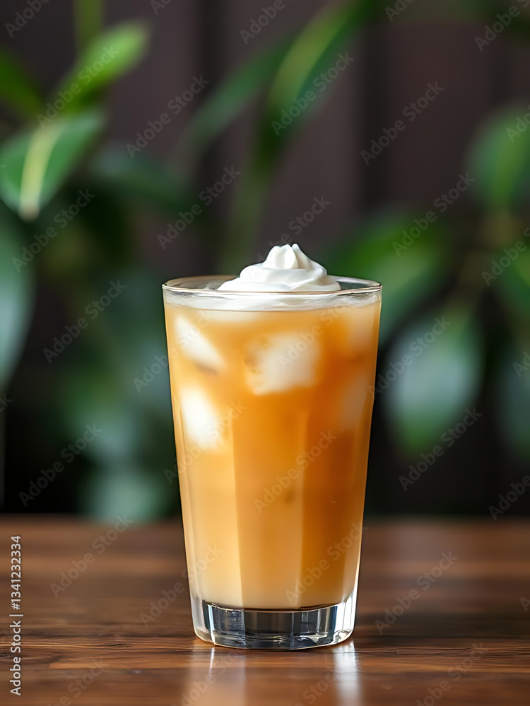 Thai Iced Tea in a clear glass with ice cubes, topped with a swirl of cream, placed on a wooden table with blurred green leaves in the background Thai Iced Tea in a clear glass with ice cubes, topped with a swirl of cream, placed on a wooden table with blurred green leaves in the background