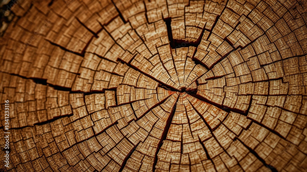 Fototapeta premium Close-up view of a weathered tree cross-section, revealing intricate radial cracks and concentric growth rings