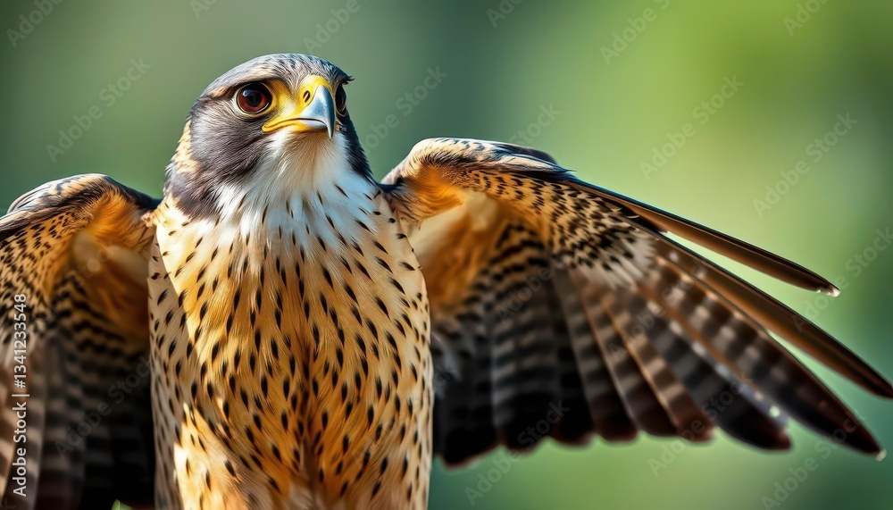 Fototapeta premium A peregrine falcon, eyes locked on prey, wings poised, wingspan, hunting bird