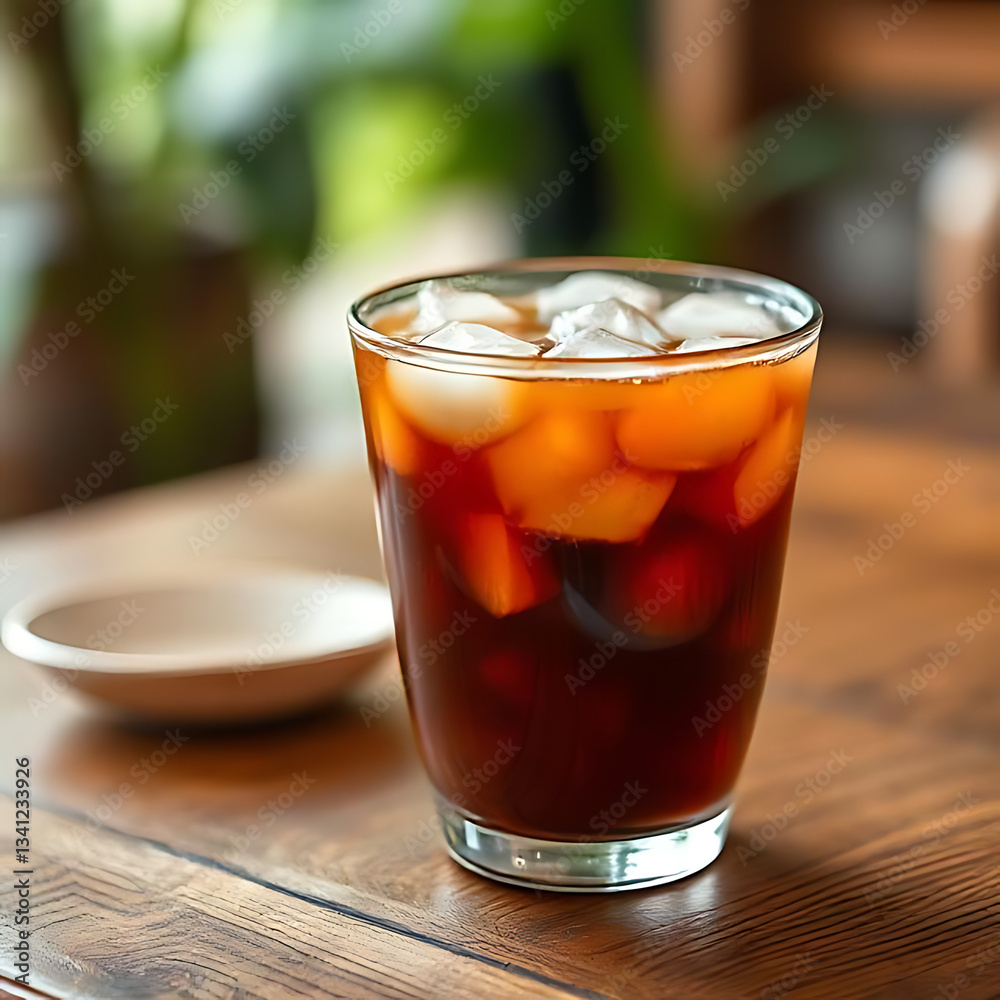 Thai Iced Tea served in a traditional ceramic cup, with rich colors of the tea, on a wooden surface, with a blurred out background Thai Iced Tea served in a traditional ceramic cup, with rich colors of the tea, on a wooden surface, with a blurred out background