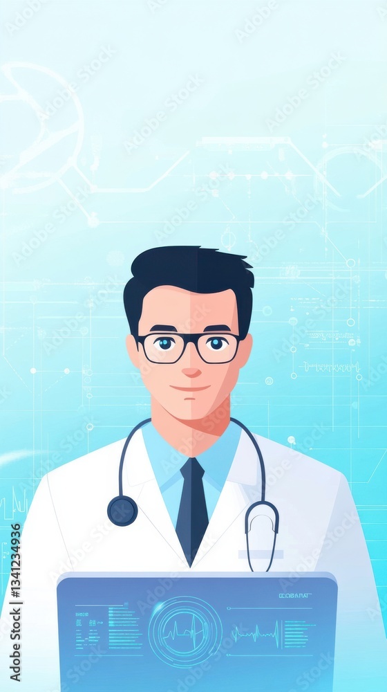 Professional Doctor in Lab Coat with Computer and Medical Icons Professional Doctor in Lab Coat with Computer and Medical Icons