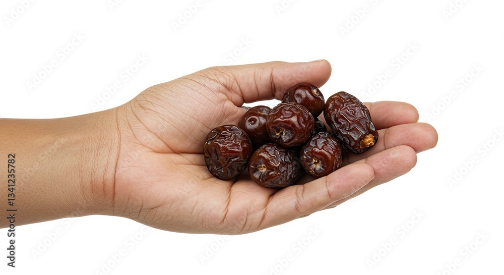Holding Dates in Hand on a White Background Ready to Eat Holding Dates in Hand on a White Background Ready to Eat