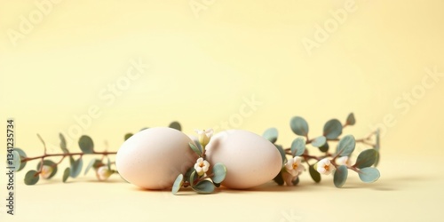 Pastel eggs nestled amongst delicate blossoms and greenery on a pale yellow background