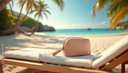 Pink cosmetic bag on vacation with ocean view on a sun lounger
