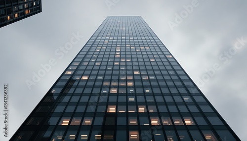 Wallpaper Mural Looking Up at Modern Skyscraper Architecture with Illuminated Windows at Dusk Torontodigital.ca