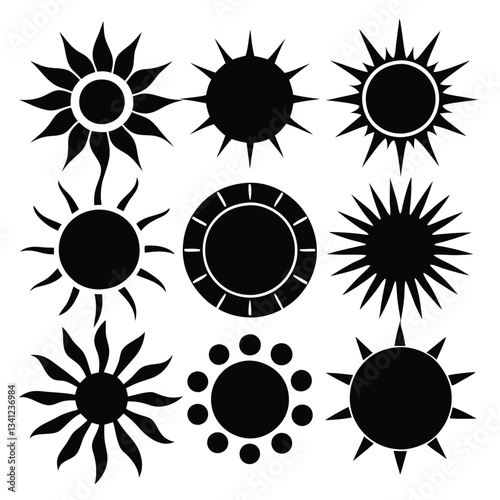 A collection of black silhouette sun icons in vector format. Perfect for logos, graphic designs, weather symbols, and artistic illustrations. These sun icon vectors are ideal for creative projects, br