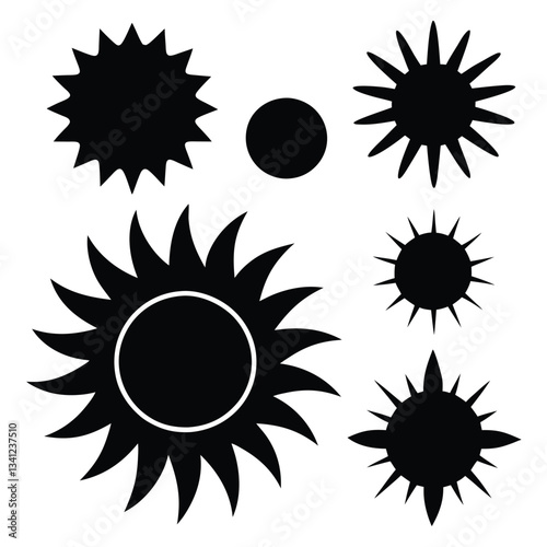A collection of black silhouette sun icons in vector format. Perfect for logos, graphic designs, weather symbols, and artistic illustrations. These sun icon vectors are ideal for creative projects, br