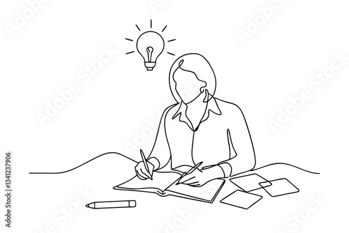 Woman Writing Notes, Brainstorming Ideas, Creative Process, Single Line Art