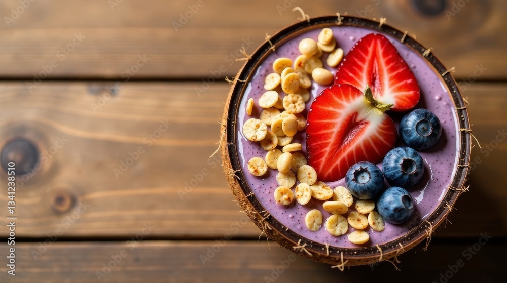 A vibrant smoothie bowl, nestled in a natural coconut shell, features a medley of fresh strawberries, blueberries, and crunchy toasted cereal pieces. A vibrant smoothie bowl, nestled in a natural coconut shell, features a medley of fresh strawberries, blueberries, and crunchy toasted cereal pieces.