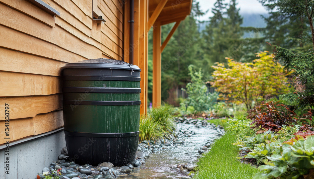 Naklejka premium Rain barrel is mounted on the side of a wooden house, collecting water for the garden. Lush vegetation and stones line the area, enhancing the natural beauty and sustainability