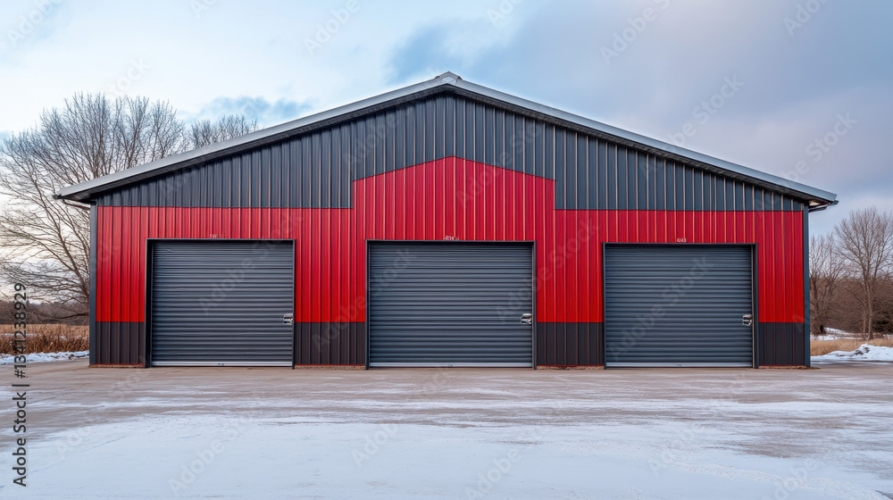 Storage unit building features three roll-up doors, painted in red and gray, sits on a clear lot. The environment shows winter conditions with light snow and bare trees in the background Storage unit building features three roll-up doors, painted in red and gray, sits on a clear lot. The environment shows winter conditions with light snow and bare trees in the background