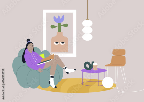 In a beautifully designed living room, a character is engaged in reading a magazine, soaking in the comfort of their surroundings, showcasing creativity and relaxation