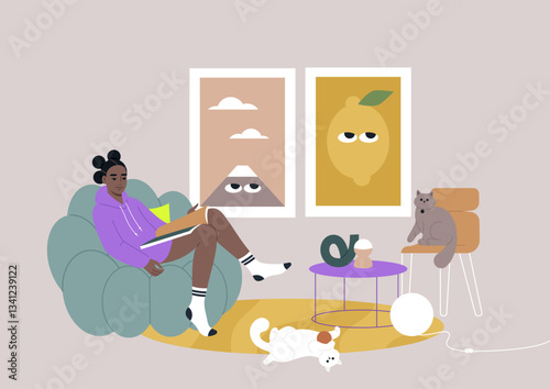 A character sitting comfortably in a modern dopamine design living space, absorbed in a magazine as two playful cats lay nearby, creating a serene and inviting atmosphere
