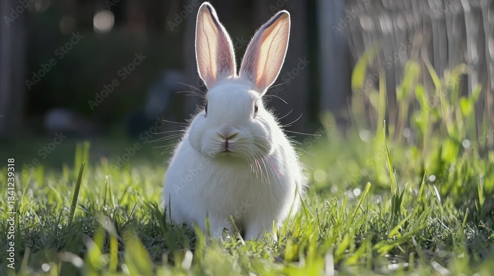 Fototapeta premium White rabbit sitting garden, sunlit background, pet