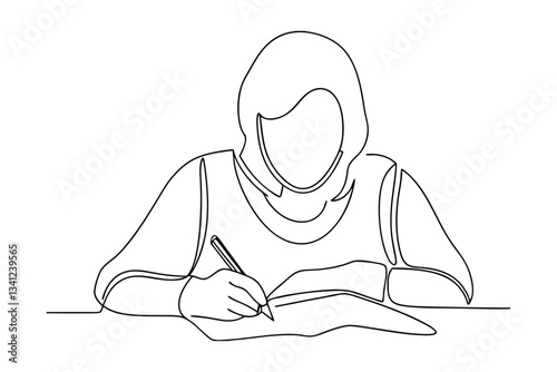 Woman Writing Notes, Studying, Learning, Education, Single Line Drawing, Minimalist, Sketch, Concent