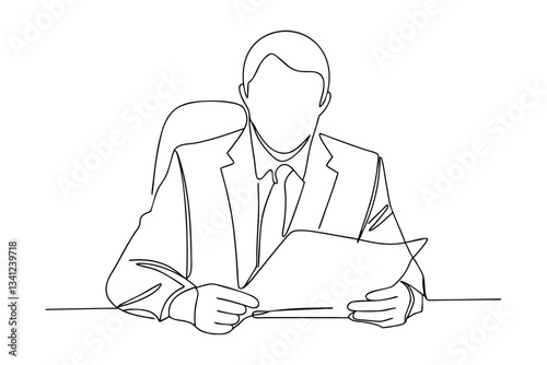 Businessman reviewing documents at desk, single line art drawing