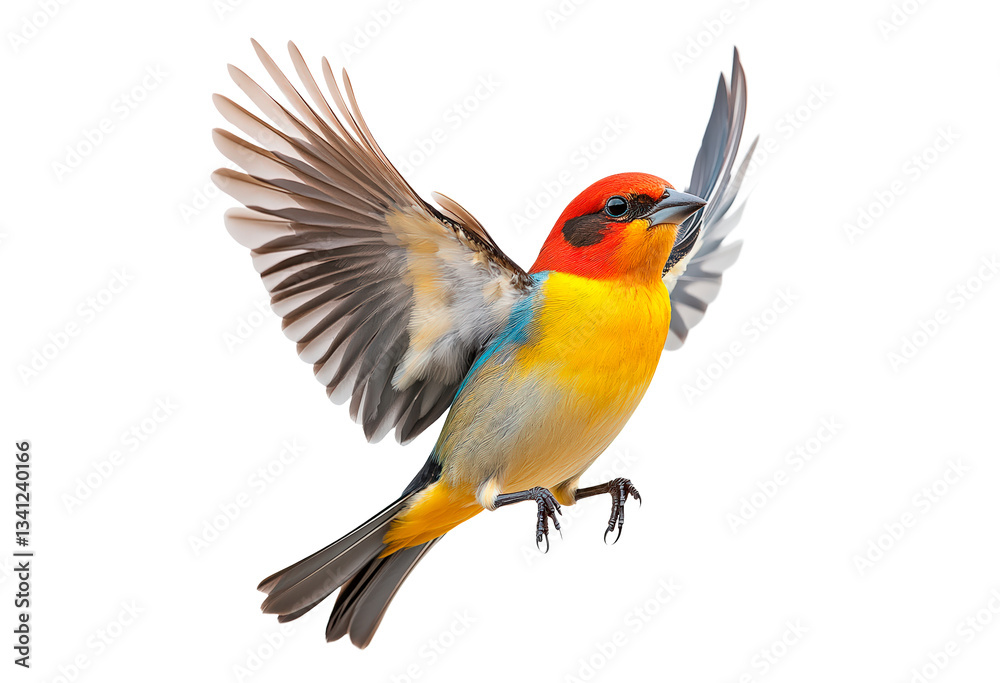 Obraz premium Western Tanager bird with open wings isolated on transparent background