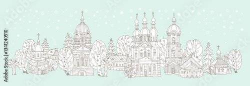 Vector fairy tale Christian monastery churches and houses on Easter night. Contour doodle sketch on a turquoise background