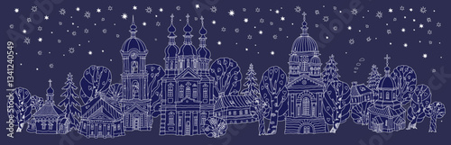 Vector fairy tale Christian monastery churches and houses on Easter night. Contour doodle sketch on a dark blue background