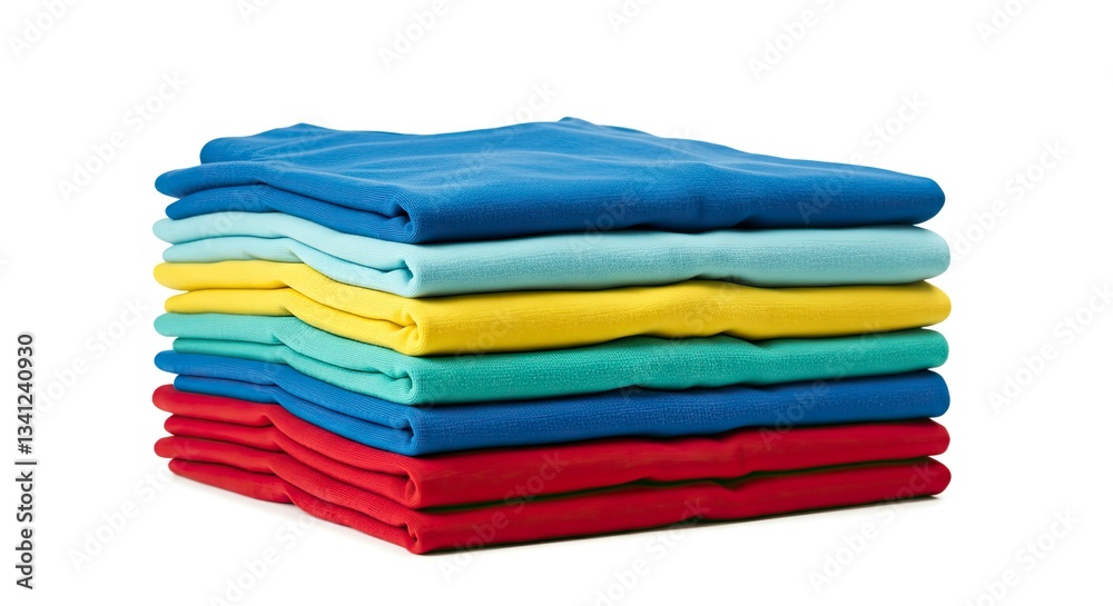 Stack of Colorful T-shirts Freshly Folded on White Background Stack of Colorful T-shirts Freshly Folded on White Background
