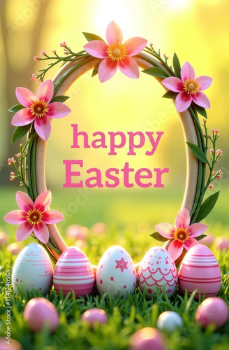 Easter-themed decorative frame with text inside. frame is adorned with spring pastel flowers, leaves, and branches. Happy Easter. In the foreground, five large Easter eggs are decorated with patterns.