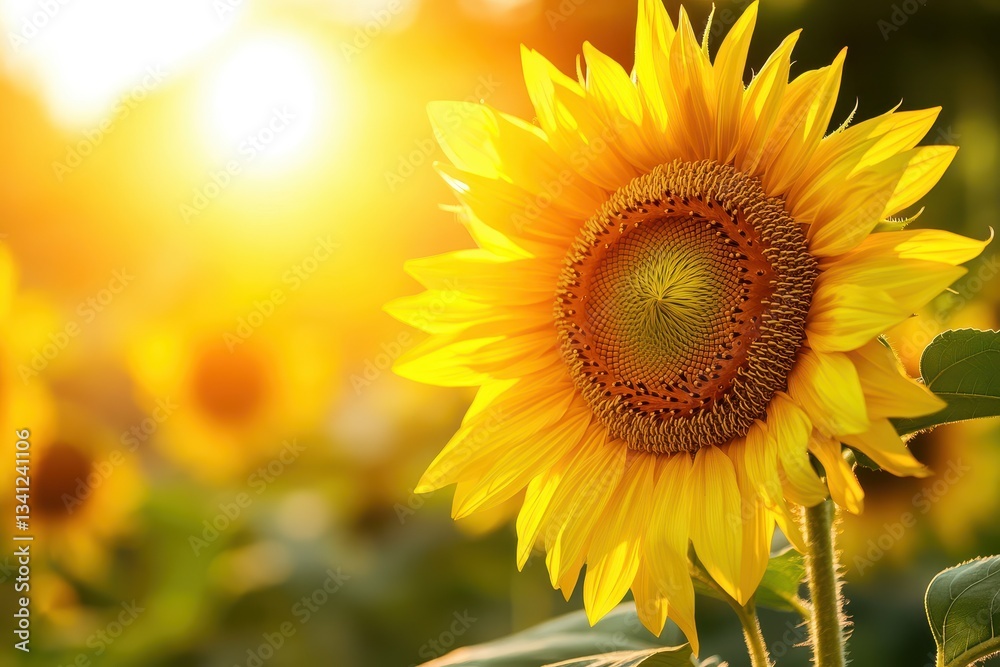 Fototapeta premium Sunflower basking in warm, golden sunlight at sunrise.